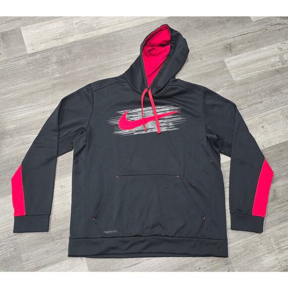 Nike Therma Fit Pullover Hoodie Sweatshirt Black Red Center Swoosh Sweater - Picture 7 of 7